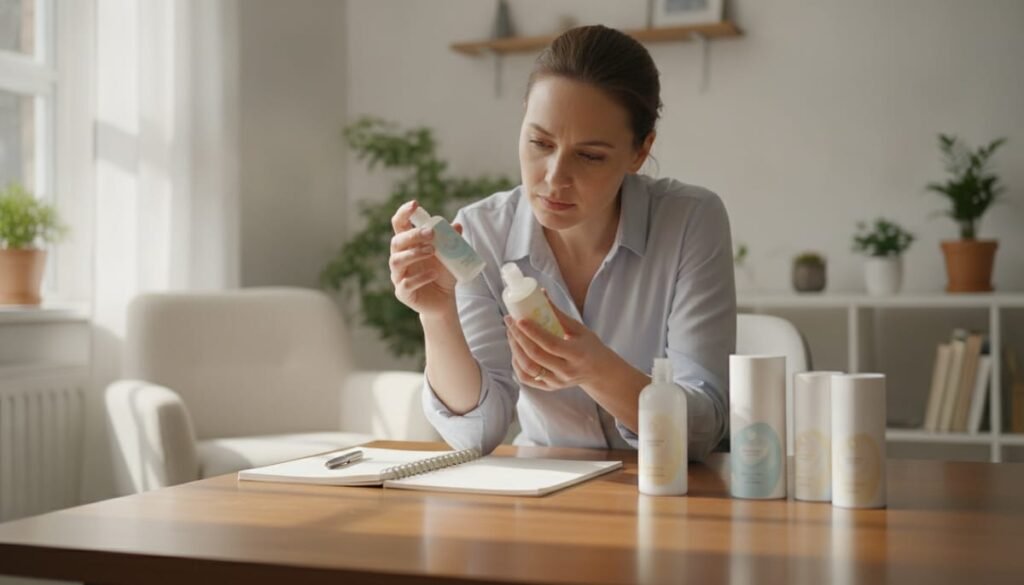 Pemilik usaha mempelajari cara membuat brand baby care sendiri dengan produk sampel di meja kerja